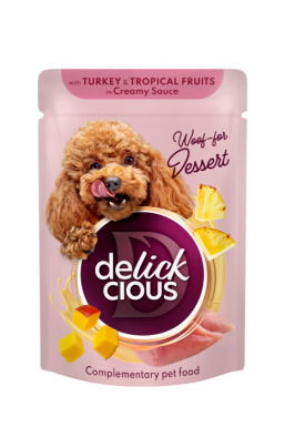 Delickcious Płatki z indykiem i owocami tropikalnymi w sosie dla psa 80g