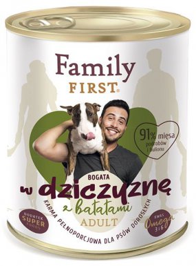 Family First dla psów dorosłych, bogata w dziczyznę z batatami