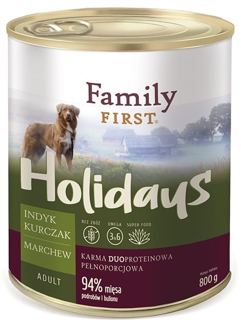 Family First Holidays Duoprotein dla psów dorosłych, indyk, kurczak, marchew