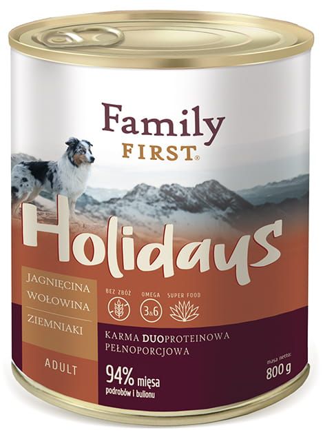 Family First Holidays Duoprotein dla psów dorosłych, jagnięcina, wołowina, ziemniaki