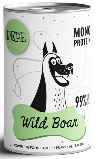 Paka Zwierzaka PEPE Wild Boar puszka dla psa z dziczyzną 99% mięsa, cennych podrobów oraz rosołu 400g