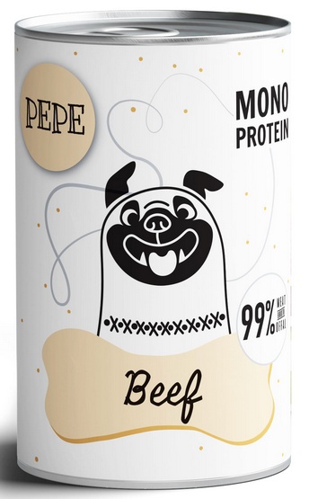 Paka Zwierzaka PEPE Beef puszka z wołowiną dla psa 99% mięsa, cennych podrobów oraz rosołu 400g