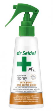 Dr Seidel Spray z kwasami borowym i octowym do pielęgnacji skóry z zapaleniami wywołanymi przez bakterie i drożdże, z łojotokiem tłustym i pododermatitis 100ml 