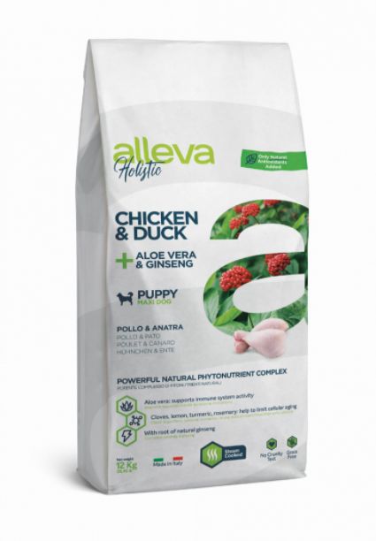 Alleva Holistic Dog Puppy Chicken & Duck + Aloe vera & Ginseng medium karma sucha dla szczeniąt i karmiących lub ciężarnych suk ras średnich