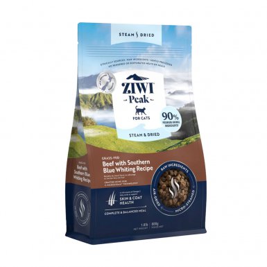 Ziwi Peak Steam&Dried Wołowina z Błękitkiem Południowym bez zbóż, ryżu, soi, składników wysokoglikemicznych, kukurydzy czy ziemniaków dla kotów w każdym wieku