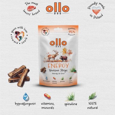 Ollo Air Dried Energy Venision Strips naturalny zastrzyk energii z dziczyzną dla psa 80g