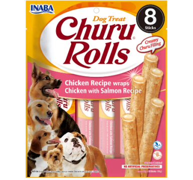 Inaba Dog Churu Rolls Chicken Wraps kurczak z łososiem pieczony kurczak na zewnątrz i kremowe nadzienie wewnątrz 8x12g