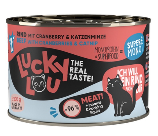 Lucky Lou SuperMono monoproteinowa karma dla dorosłych kotów z wołowiną puszka 200g