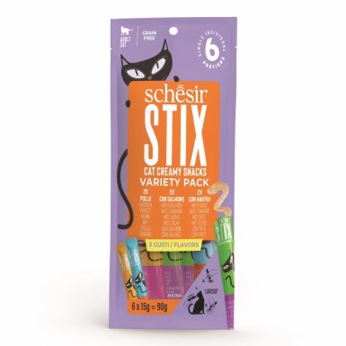 Schesir Stix Multipack kremowy przysmak dla kota kurczak z kaczka i łosoś 6x15g