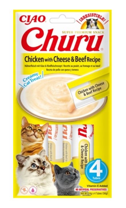 Inaba Churu Chicken, Cheese, beef bezzbożowy przysmak dla kota z kurczakiem, serem i wołowiną 4x14g