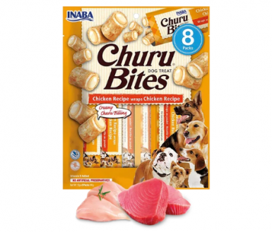 Inaba Dog Churu Bite Chicken Wraps z kurczakiem delikatnie pieczony kurczak na zewnątrz i kremowe nadzienie Churu wewnątrz 8x12g