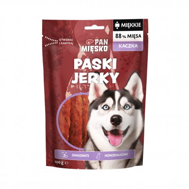 Pan Mięsko Paski Jerky miękkie paski z kaczki przysmak dla psa dorosłego 100g
