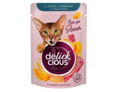 Delickcious paski z kaczką i dynią w zupie krem pełnoporcjowa karma dla kotów w saszetkach 85g
