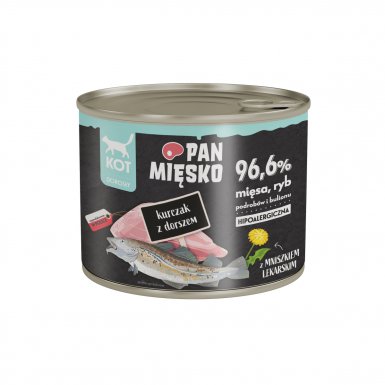 Pan Mięsko karma mokra dla kota 96,6% mięsa ryb podrobów i bulionu Kurczak z dorszem 200g