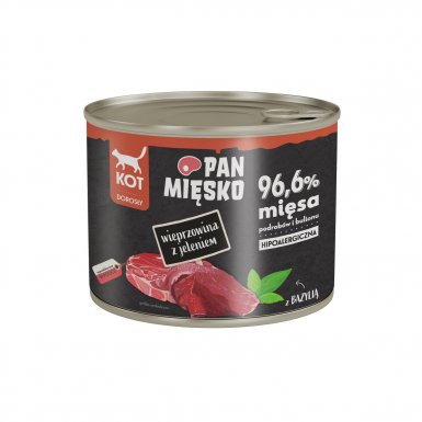 Pan Mięsko karma mokra dla kota wieprzowina z jeleniem z dodatkiem bazyli 96,6% mięsa podrobów i bulionu 200g