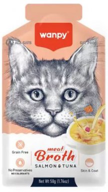 Wanpy Meat Broth Salmon & Tuna zupa z mięsnymi kawałkami dla kotów łosoś z tuńczykiem saszetka 50g