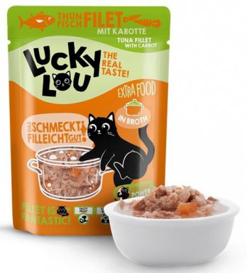 Lucky Lou Extrafood Tuńczyk i marchewka w bulionie saszetka dla kota bez zbóż, bez ryżu, bez cukru 70g