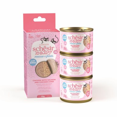 Schesir Baby Mousse multipack karma mokra dla kociąt mus z rozdrobnionym kurczakiem i łososiem 3x55g