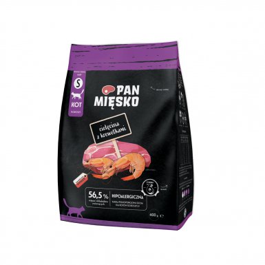 Pan Mięsko karma sucha dla kota o smaku cielęciny z krewetkami 56,5% mięsa