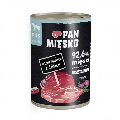 Pan Mięsko Karma mokra dla psa 92,6% mięsa podrobów i bulionu wieprzowina z dzikiem