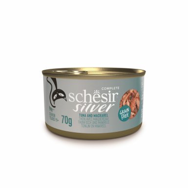 Schesir Silver karma Bezzbożowa mokra dla kota tuńczyk z makrelą posiekane filety w bulionie 70g