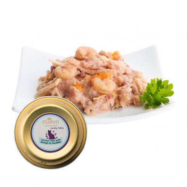 Nuevo Adult Tender filet z kurczaka z krewetkami, mniszkiem lekarskim oraz olejem lnianym tacka 80g w bulionie