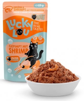 Lucky Lou Lifestage Adult Drób i krewetki 94% mięsa lub ryb saszetka bez zbóż, cukru, GMO 125g