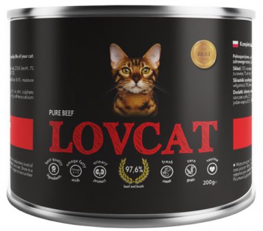 Lovcat Pure Beef puszka dla kota z wołowiną bez zbóż, glutenu i ziaren 70% mięsa dla kota 200g