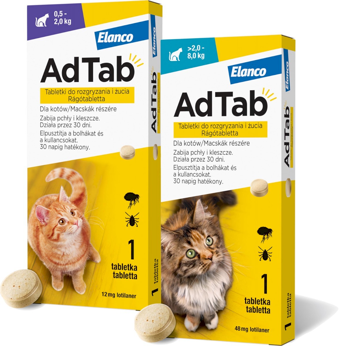 Elanco Adtab Cat od 2kg do 8kg tabletka dla kota na kleszcze na pasożyty 48mg