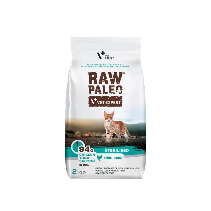 Vet-Expert Raw Paleo Cat Adult sucha karma z kurczakiem, tuńczykiem i łososiem dla kotów sterylizowanych