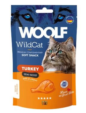 Woolf WildCat Soft Snack Turkey to delikatne i soczyste przysmaki z indykiem dla kotów starszych i sterylizowanych 50g