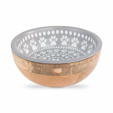 Barry King Miska dla psa szara stal nierdzewna emaliowana z drewnianą obudową wzór Paw Decal 18cm
