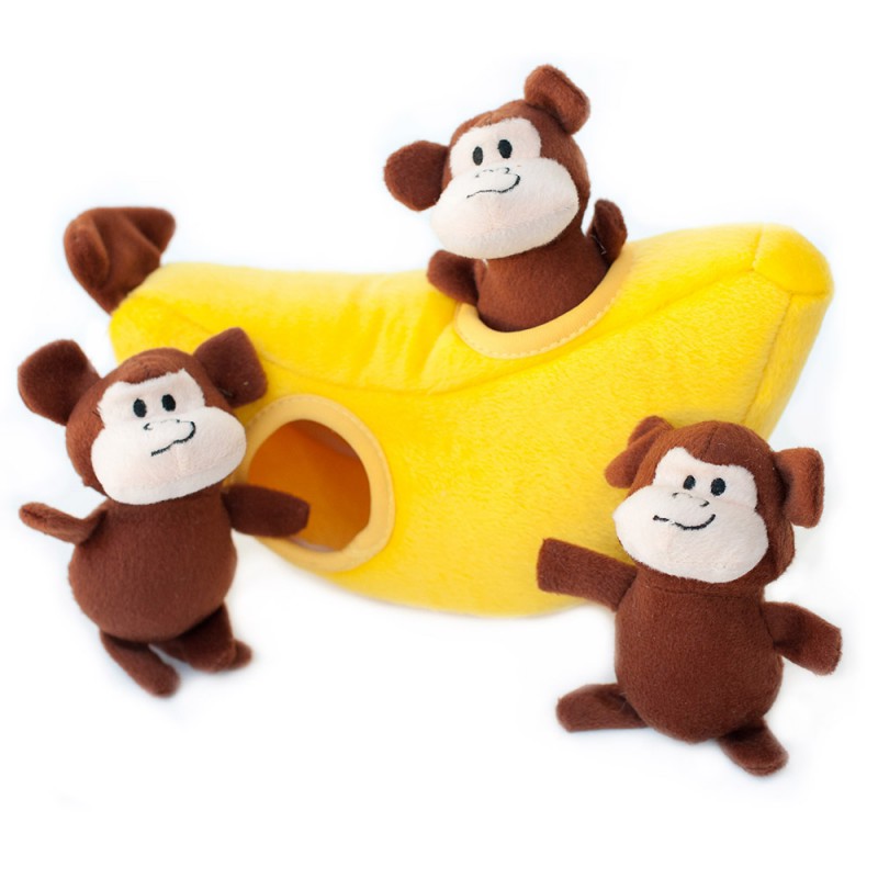 ZippyPaws pluszowa norka banan z małpkami 25x13x10cm