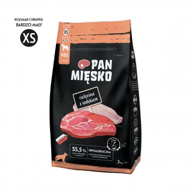Pan Mięsko Hypoallergiczna karma sucha dla dorosłego psa małej rasy S cielęcina z indykiem