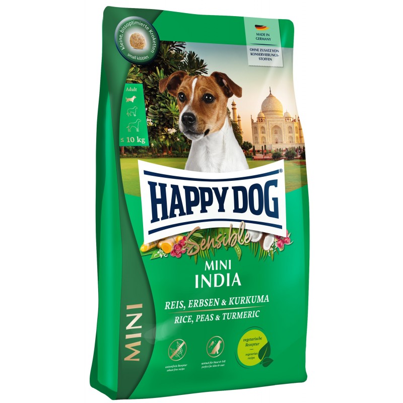 Happy Dog Sensible Mini India wegetariańska receptura z ryżem, grochem i kurkumą dla małych psów