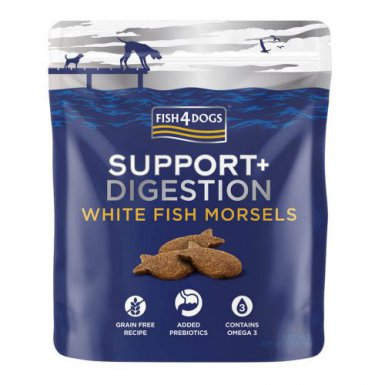 Fish4Dogs Digestion White Fish Morsels wsparcie układu pokarmowego zostały przygotowane z łososia i ze świeżej makreli 225g